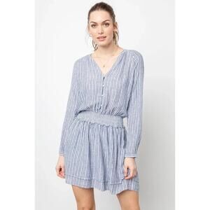 Preppy Rails Jasmine Tibet Striped Dress Medium Linen Blend Smocked Blue White